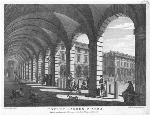 Photo:Print of Coven Garden Piazza by T Sandby. 1777.