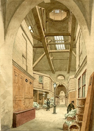 Photo:Line engraving print of the interior of Oxford Market. 19th century.