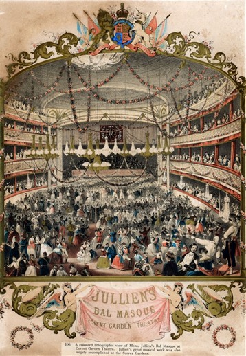 Photo:Lithograph. The Covent Garden Theatre was built by Edward Shepherd in 1732. Jullien's Bal Masques were masquerade balls which took place there in the 1860s. A popular dance. 1865.