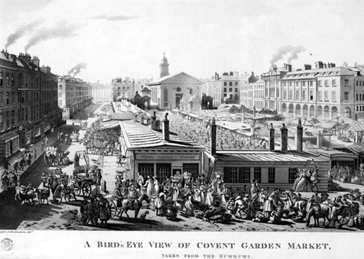 Photo:Line engraving print of a Bird's eye view of Covent Garden Market, taken from the hummums. 1811.