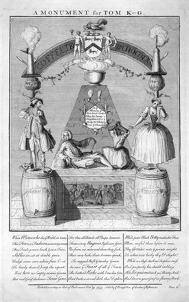 Photo:A monument proposed satirically for Tom King, proprietor of Tom King's Coffee House, Covent Garden .Black Betty also known as Tawny Betty is one of the figures depicted. 19th October, 1737