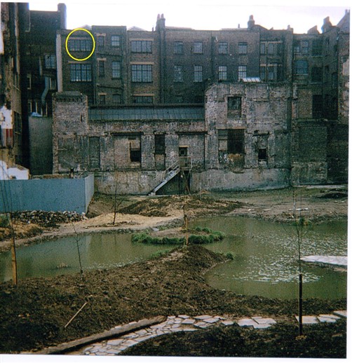 Photo:The circle indicates my studio window overlooking the Japanese water garden under construction 1972/3 now Odhams Walk