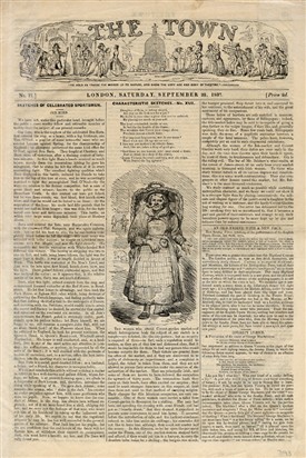 Photo:Article of the Town featuring the story of an Irish porter woman who won a bet carrying a fat man from Covent Garden to Elephant and Castle. September 27, 1837
