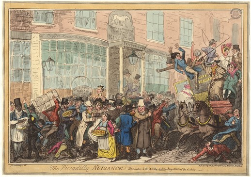 Photo:A satirical cartoon of a traffic accident caused by a disorderly mass of pedestrians. A coach and pair,  runs down two men and nearly overturns a cart to its right. outside the White Horse coaching terminus and Hatchett's coffee house in Piccadilly.  A fruit seller can be seen in the foreground and the scene includes a black man to the left.
